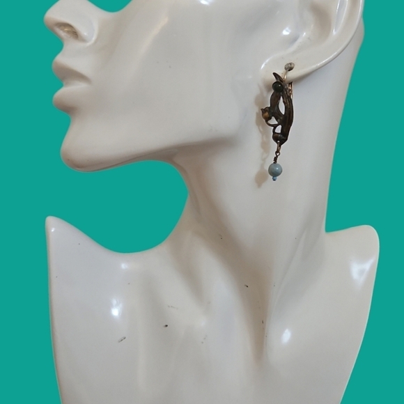 Vintage Jewelry - Vintage Estate Funky Art Noveau Patina Jade Beaded Leverback Hook Earrings